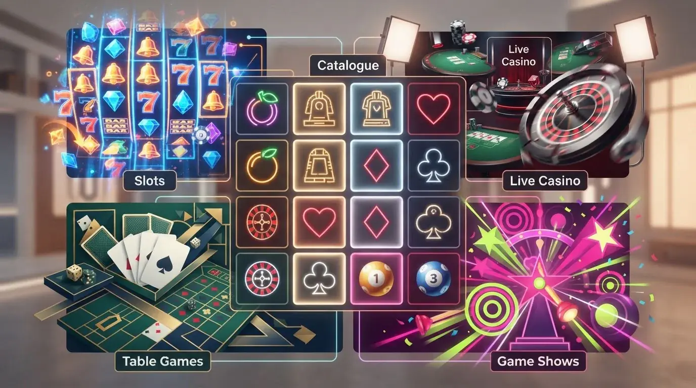 Collage editoriale astratto di slot, tavoli da casinò e game show senza marchi