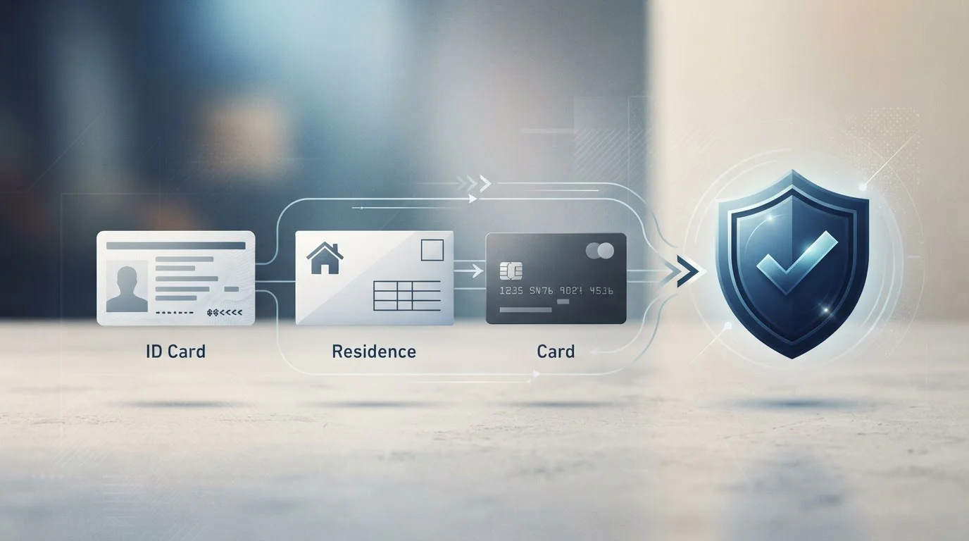 Illustrazione editoriale del controllo KYC con identità, residenza e metodo di pagamento